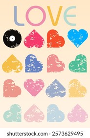 Love, lettering, heart, vinyl, music, feeling, romance emotion, love concept, 60s 70s trendy retro style, print, poster, banner, card etc for your design projects, illustration, vector
