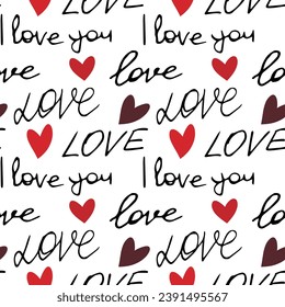 love lettering with hearts seamless vector pattern, romantic doodle print