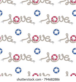 Love. Lettering with a hemp rope. Vector illustration of seamless pattern.