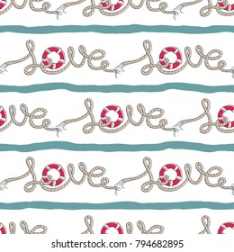 Love. Lettering with a hemp rope. Vector illustration of seamless pattern.