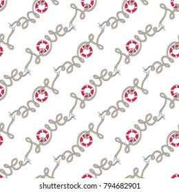 Love. Lettering with a hemp rope. Vector illustration of seamless pattern.