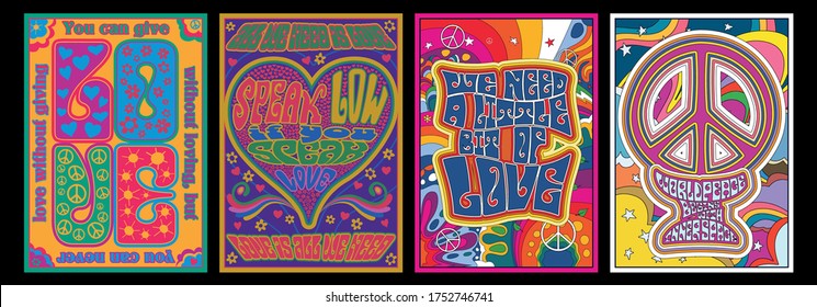 Love Lettering Hippie Style 1960s Psychedelic Artwork, Flowers, Hearts, Peace Symbols, Psychedelic Color Abstract Backgrounds