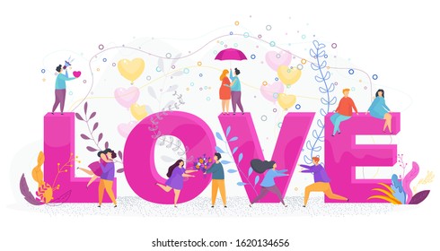 Love lettering. Hugging couples in love. Tenderness between a guy and a girl, between a man and a woman. Valentine's Day Greeting Card. Flat trending vector illustration.
