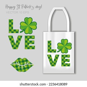 Love - lettering with leafs clover and lips. Vector Illustration with tote bag mockup