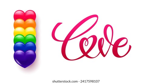 Love lettering. LGBT pride flag. Design for banners. Vector illustration. LGBT Valentine's Day car