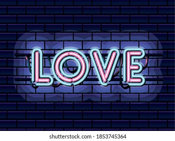 love lettering in neon font of pink and blue color on dark blue background vector illustration design