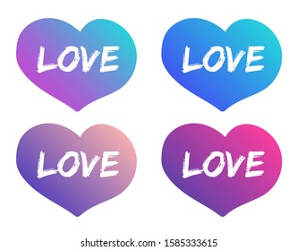 love lettering on hearts color vector illustrations. Trendy color gradient heart shapes with love lettering vector illustration. Hand drawn valentine day icons. Love and relationships concept