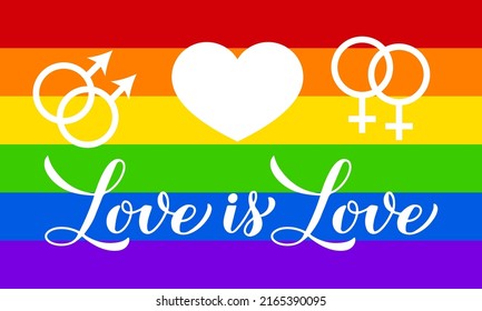 Love is love lettering on LGBT pride flag. Rainbow LGBTQ+ community banner. Vector template. 