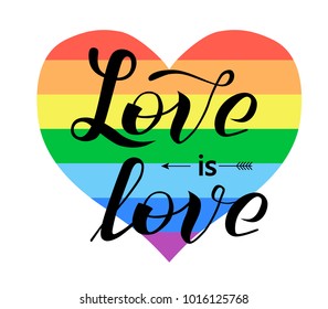 Love is love lettering on rainbow heart background. Gay rights concept. Vector hand lettering, homosexuality emblem. Banner, poster, card, invitation card typographic vector design. St valentines day.