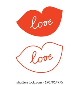 Love lettering on the silhouette of the lips kiss in red on a white background. Vector illustration.