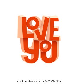 Love lettering on Valentines Day - red 3D letters on a white background. Vector illustration.