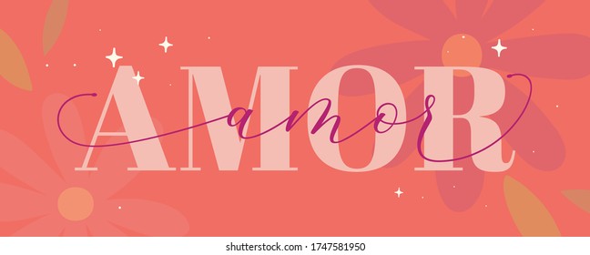 Love lettering in portuguese; Lettering amor em português; lettering with orange background and flowers