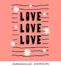 Love lettering postcard. Loves print with dandelions on linear background peach color. Blossom composition.