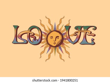 love, lettering print on a t-shirt in the style of 70 with sun