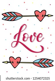 Love lettering quote on a white background decorated by arrows in boho style. Perfect for Valentine's Day posters, banners, greeting cards design. Vector illustration EPS 10