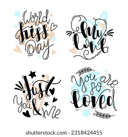 Love lettering quotes. Romantic valentines day messages, handwritten lettering romantic phrases. Positive love quote vector illustration set.