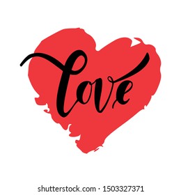 Love lettering with red heart vector silhouette.Template for invitation, party, greeting card, web, hippie,st.valentine day.
