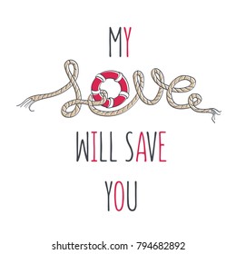 Love. Lettering with rope. Vector illustration of poster.