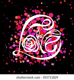 Love lettering with rose on red dots background