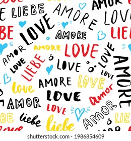 Love lettering seamless pattern vector illustration. Love written in different languages romantic words background.