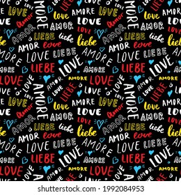 Love lettering seamless pattern vector illustration. Love written in different languages romantic words background.