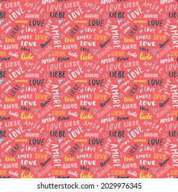 Love lettering seamless pattern vector illustration. Love written in different languages romantic words background.
