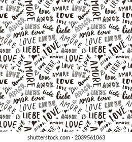 Love lettering seamless pattern vector illustration. Love written in different languages romantic words background.