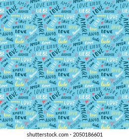 Love lettering seamless pattern vector illustration. Love written in different languages romantic words background.