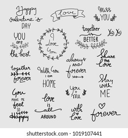 love lettering set. Calligraphy postcard or poster graphic design typography element. Hand written  style, valentines day sign. 