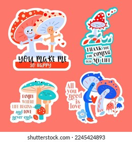 Love lettering set. Cute romantic mushrooms with hearts for a Valentine's Day card. Calligraphy and cartoon composition for February 14th. Flat isolated vector illustration. You make me so happy.