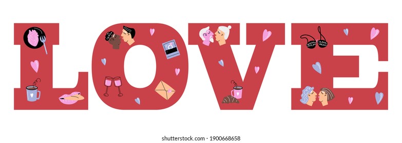 La decoración de San Valentín se adorna con un juego de elementos. Vector de texto de las tarjetas planas sobre fondo blanco. Luminoso vector conjunto de elementos para la decoración del Día de San Valentín al estilo de las caricaturas. 
