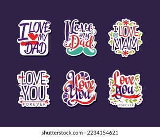 Love Lettering Sticker and Badges with Flowers Vector Set