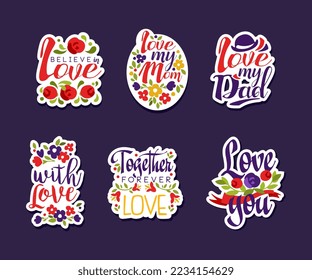 Love Lettering Sticker and Badges with Flowers Vector Set