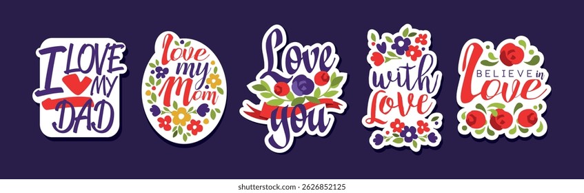 Love Lettering Sticker and Badges with Flowers Vector Set