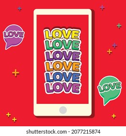 Love lettering sticker concept modern vector illustration in smartphone design