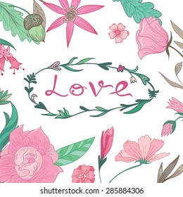 Love Lettering in Summer Floral Frame | Vector romantic illustration with pink flowers and mint foliage for card, wedding design