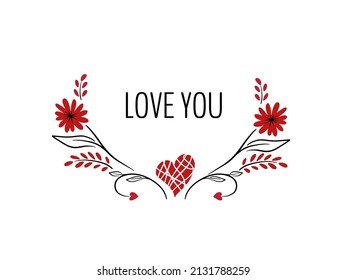 Mit Liebe - Schreiben. Vektorrunder Rahmen, Kranz aus Umrissen und Herzen. Handgezeichnetes Doodle einzeln. Hintergrund, Grenze für Grußkarte, Einladung, Hochzeit, Geburtstag, Valentinstag