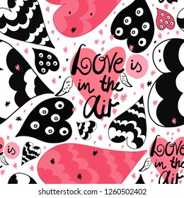 Love lettering. Vector seamless pattern with love and valentine words and hearts. I love you and more phrases.