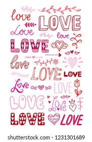 Love lettering vector set. Cute hand drawn romantic and love St. Valentine's Day concept. Wedding collection illustrations