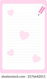 Love letter.Pink and white paper with lines, hearts and pencil.Vector graphic mail background for Valentine's Day.