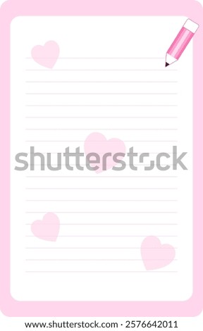 Love letter.Pink and white paper with lines, hearts and pencil.Vector graphic mail background for Valentine's Day.