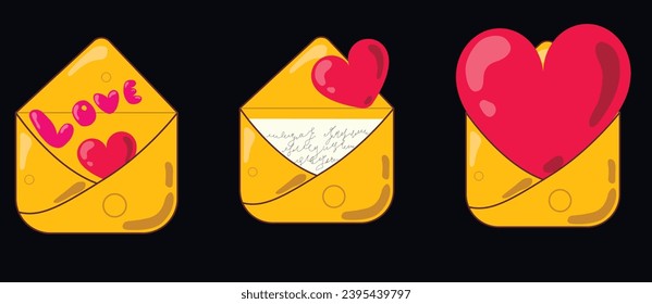 love letters cartoon icons, set of envelopes with letters and hearts, declaration of love