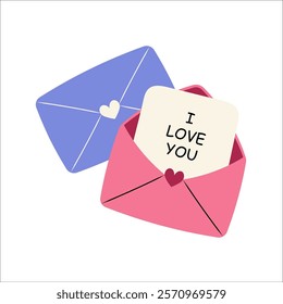 Love letters in cartoon style isolated on white background. Open envelope with I love you message. Vector illustration.