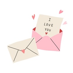 Love Letters Clipart For Valentine's Day Decoration Isolated On White Background. Beige And Pink Envelope With Pink Heart And Message "I Love You" On Paper. Happy Valentine's Day. Flat Vector.