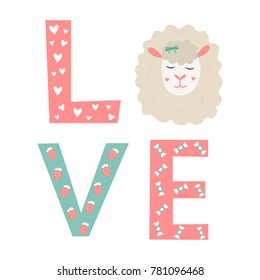 LOVE. Letters L,O,V,E with different elements and cute sheep