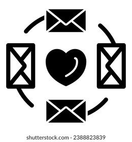Love letters, envelopes around the heart solid icon, dating concept, romantic message vector sign on white background, glyph style icon for mobile concept and web design. Vector graphics