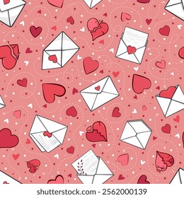 Love letters in envelopes seamless pattern. Background design for wrapping paper on March 8, wedding anniversary and Valentines day. Cute cartoon kids backdrop for textile, linen, scrapbooking