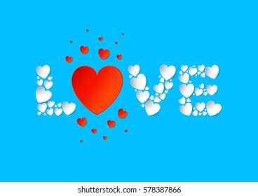 Love letters flat lay with white and red vector paper hearts on blue background