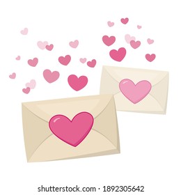 Love letters flying in the air with many hearts in vintage style. Symbol of Valentine's day. Vector illustration. Design element for decoration, print, web-applications etc.