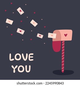 Cartas de amor volando desde la caja de correos. ilustraciones de diseño vectorial de estilo dibujado a mano.Concepto de día de San Valentín